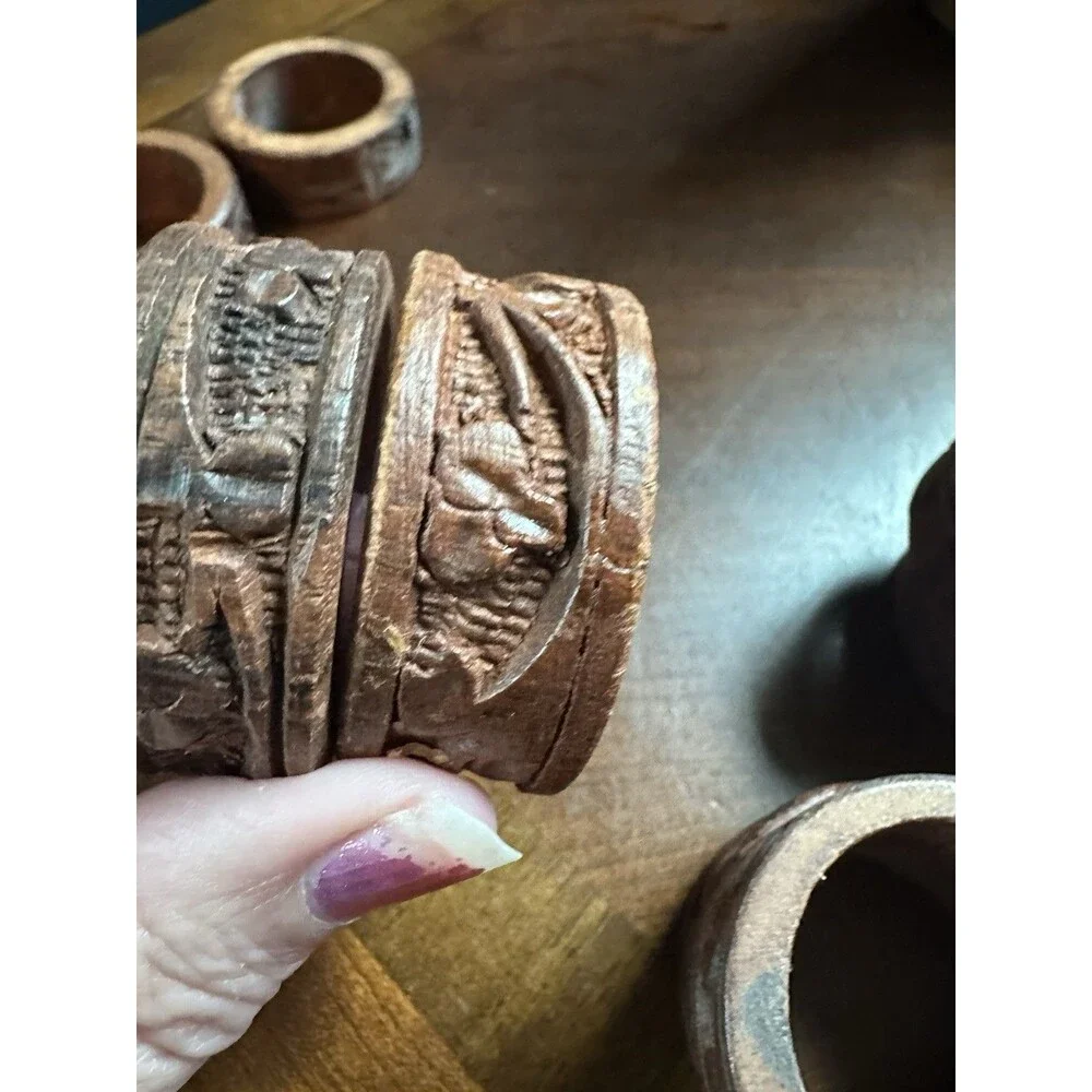 Vintage Carved Teak Wood Napkin Rings Set of 8 Measures 1 7/8 by 5/8